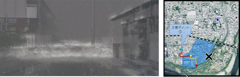 災害ポイント01、雨の中迫ってくる洪水を表現したシミュレーション画像