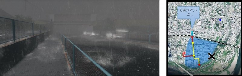災害ポイント02、大雨の中、高架下が浸水していく様子を表現したシミュレーション画像