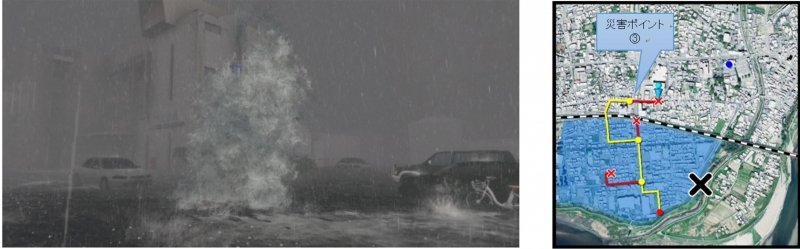 災害ポイント03、大雨の中、下水に溜まった雨水がマンホールから吹き上がるシーンを表現したシミュレーション画像