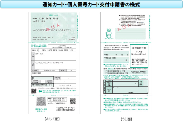 通知カード・個人番号カード交付申請書の様式の表と裏の見本画像