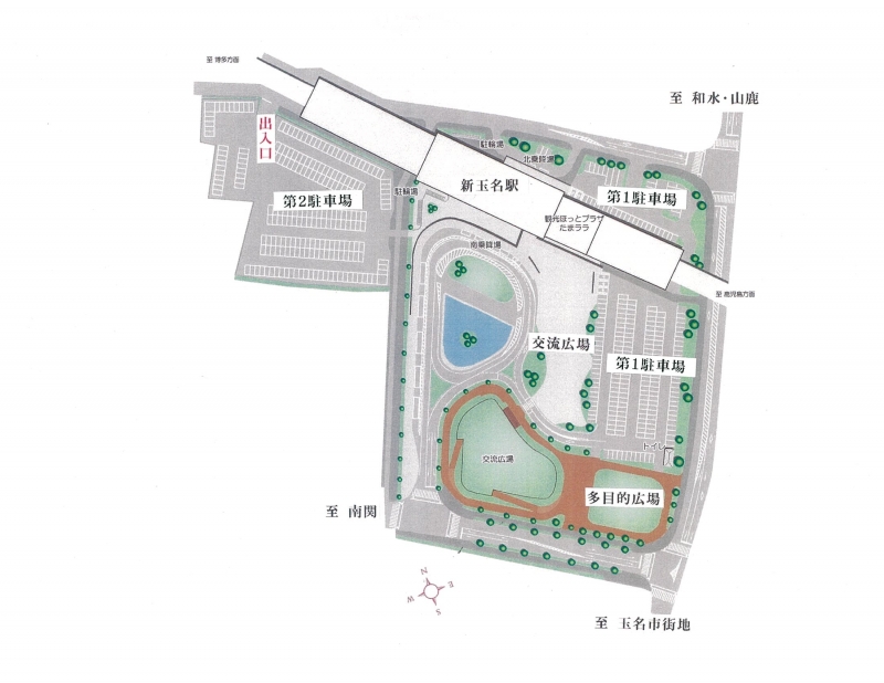 駐車場の配置図画像　新玉名駅南口には交流広場、多目的広場があり、交流広場の東側に第1駐車場があり、南口 北側にも第1駐車場があります。北口には、南側に第2駐車場があります。