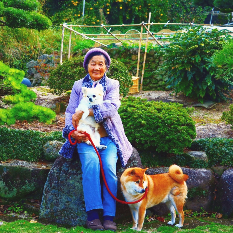 帽子をかぶったおばあちゃんが犬を抱っこする写真