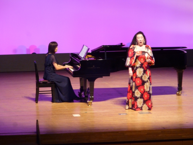 演奏者　ピアノ演奏と赤と白の花柄のドレスの女性の歌