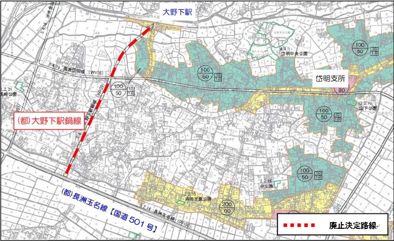 大野下駅鍋線の廃止を示した地図画像