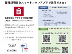 接種証明書アプリの発行方法の説明画像、接種証明書をスマートフォンアプリで発行できます。新型コロナワクチン接種証明書、英語名　COVID-19 Vaccination Certificate、2021年12月20日からApp Store及びGoogle Playで公開されています。日本政府公式の新型コロナワクチン接種証明書アプリです。日本国内用、海外用の接種証明書をアプリで発行できます。利用手順1、こちらをご用意ください。スマートフォン、マイナンバーカードが読み取れる端末(NFC Type B対応端末)、iOS 13.7以上、Android OS 8.0以上、そのほか必要なもの、マイナンバーカードと暗証番号4桁、カード受け取りの際に設定した券面入力補助用の暗証番号、海外用のみパスポート、利用手順2、スマホでアプリをインストール、画像内の二次元コードからダウンロード、アプリの情報については、デジタル庁のウェブサイトでご案内しています。デジタル庁、厚生労働省